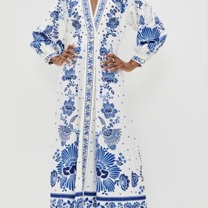FARM Rio Blue and White Long Sleeve Dress